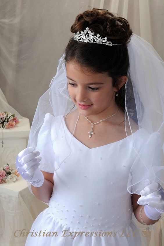 First Communion Hairstyles with Tiara and Veil