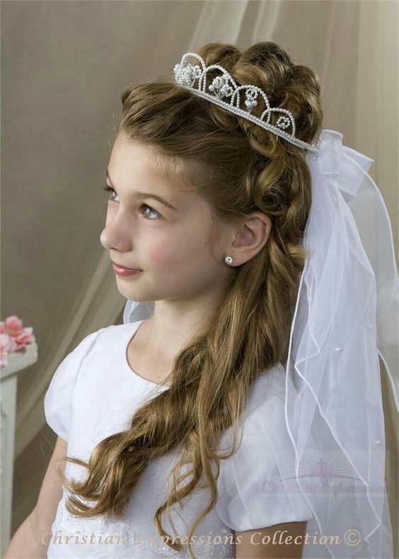 Side Braids and Half Down Curls First Communion Hairstyles